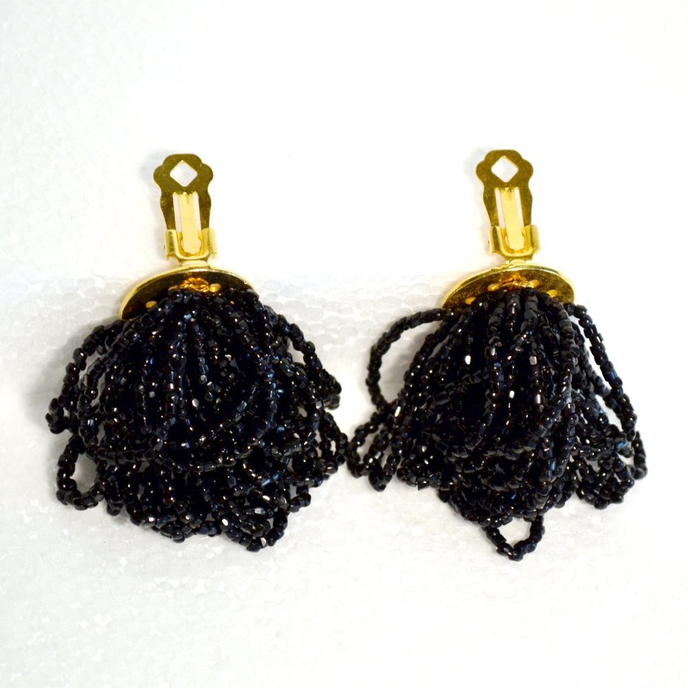 Black Seed Bead Art Deco Clip On Earrings